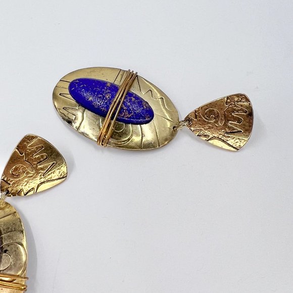 NWOT - Lapis Inspired Large Oval Metal Wrapped Gold Tone Post Earrings - Picture 7 of 7